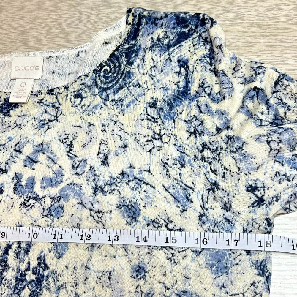 Chico's Sweater Tunic Womens S Blue Cream Abstract Roccoco Animal Print 3/4 Slve
